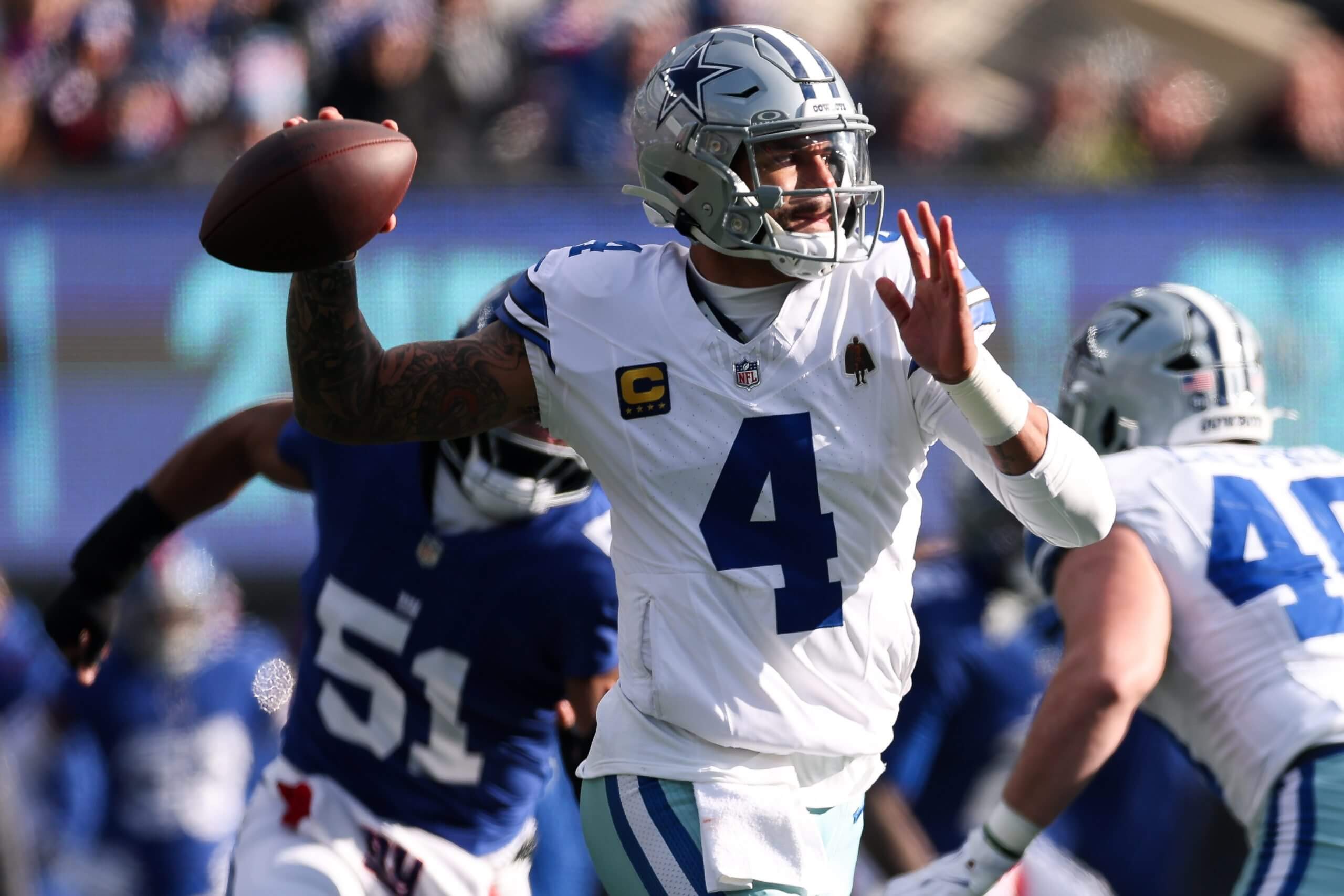 Dak Prescott #4 of the Dallas Cowboys in action during the game against the New York Giants.