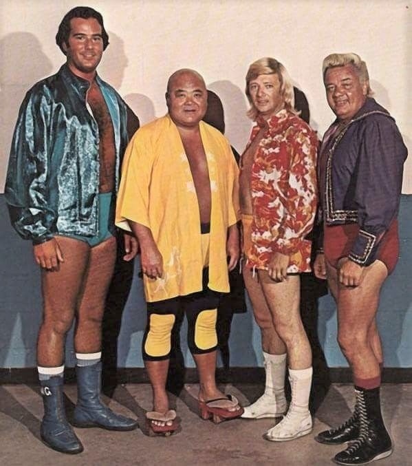 George Gulas on the far left (son of promoter Nick Gulas) is seen here pictured with the three people who are suspected to have been involved in the attack on Jack Donovan. To his right are Tojo Yamamoto, Jerry Jarrett, and Jackie Fargo.