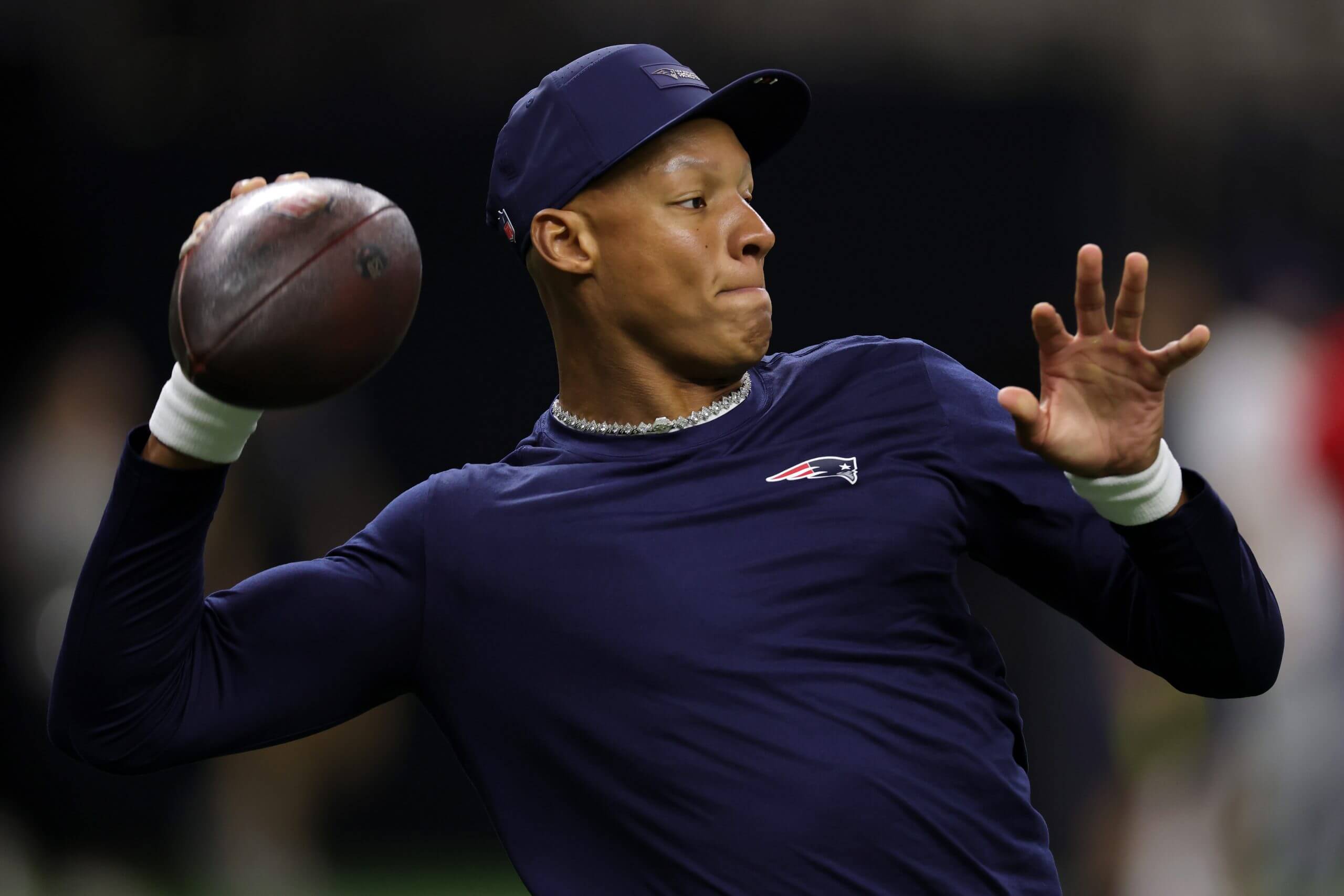 Joshua Dobbs #11 of the New England Patriots warms up prior to the game against the New Orleans Saints at Caesars Superdome on Oct. 12.