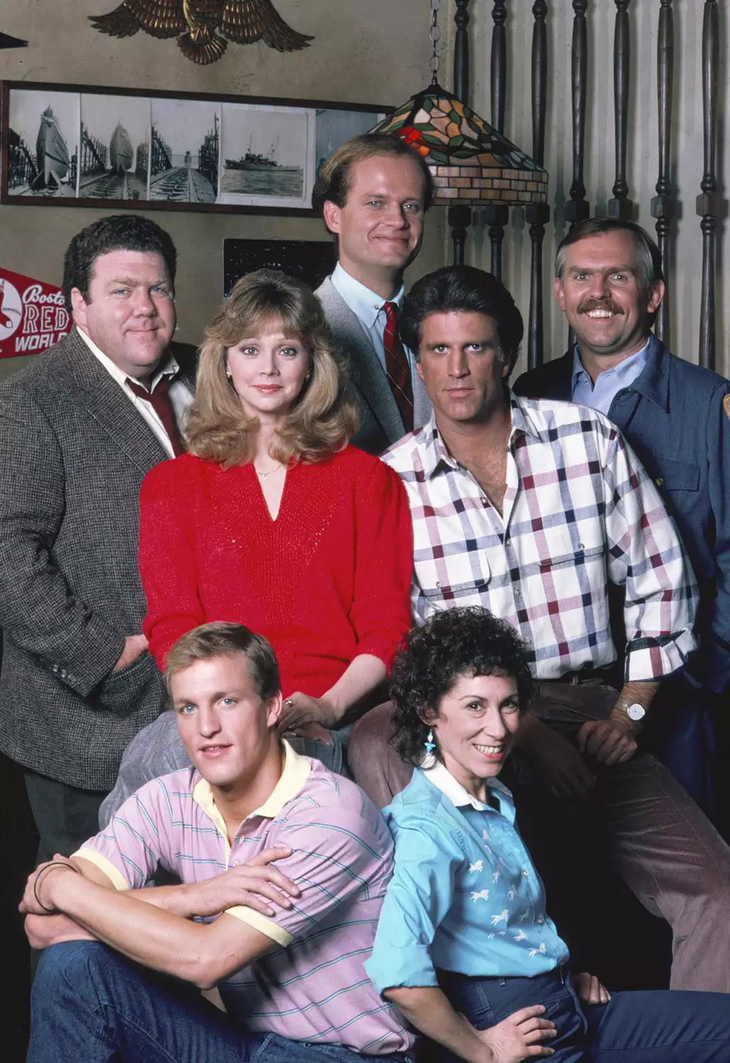 George Wendt as Norm Peterson, Kelsey Grammer as Dr. Frasier Crane, John Ratzenberger as Cliff Clavin. middle row (l-r) Shelley Long as Diane Chambers, Ted Danson as Sam Malone. bottom row (l-r) Woody Harrelson as Woody Boyd and Rhea Perlman as Carla Tortelli of Cheers George Wendt as Norm Peterson, Kelsey Grammer as Dr. Frasier Crane, John Ratzenberger as Cliff Clavin. middle row (l-r) Shelley Long as Diane Chambers, Ted Danson as Sam Malone. bottom row (l-r) Woody Harrelson as Woody Boyd and Rhea Perlman as Carla Tortelli of Cheers