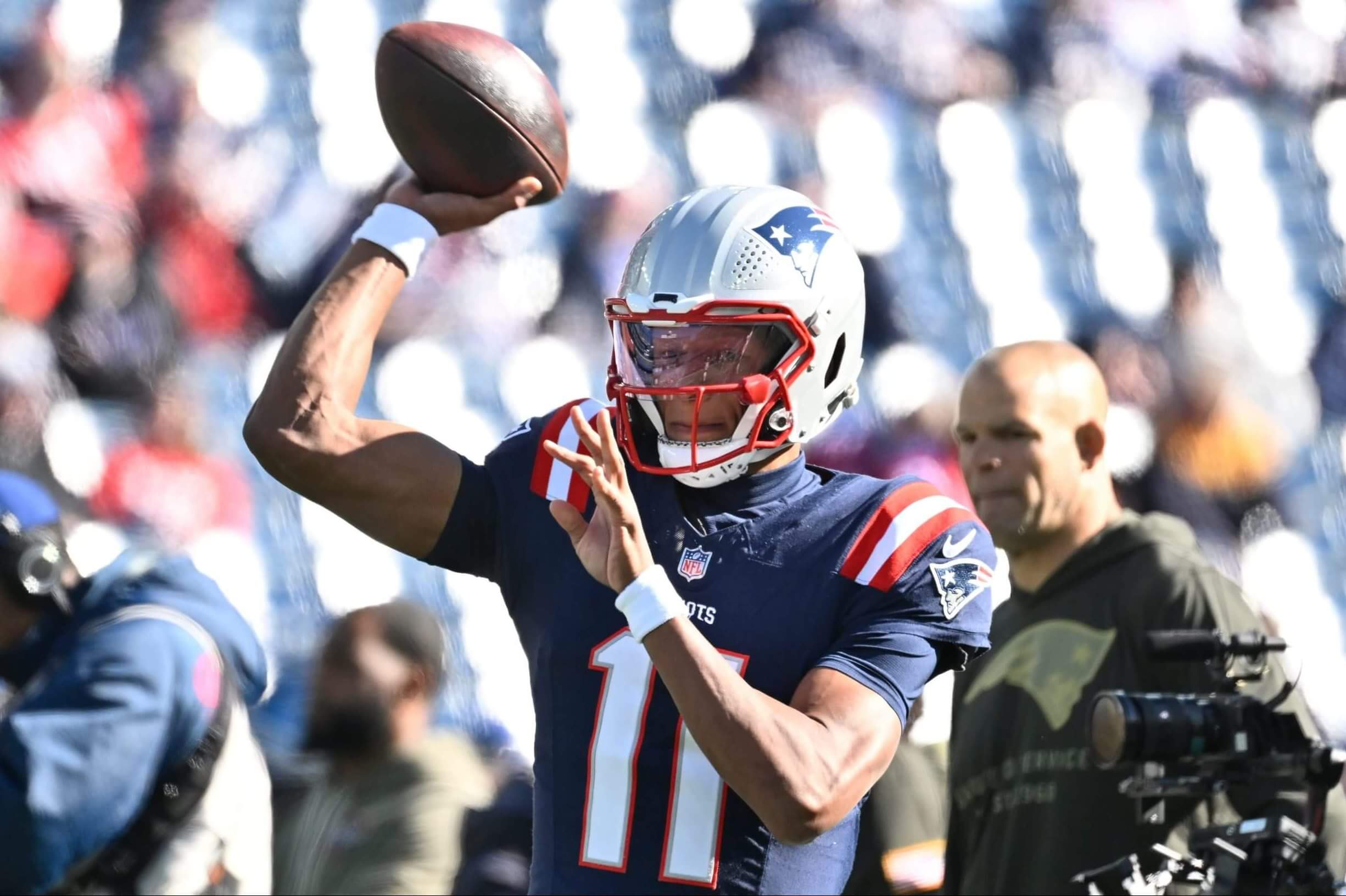 New England Patriots quarterback Joshua Dobbs (11) warms up before a game against the Atlanta Falcons at Gillette Stadium New England Patriots quarterback Joshua Dobbs (11) warms up before a game against the Atlanta Falcons at Gillette Stadium